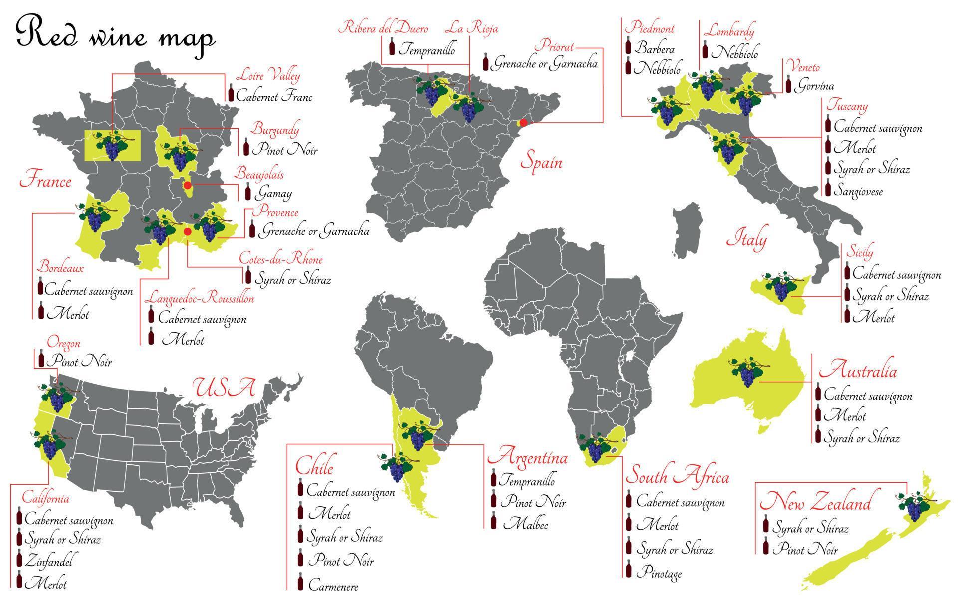 Red wine maps. Wine production maps showing grape varieties. Regions of