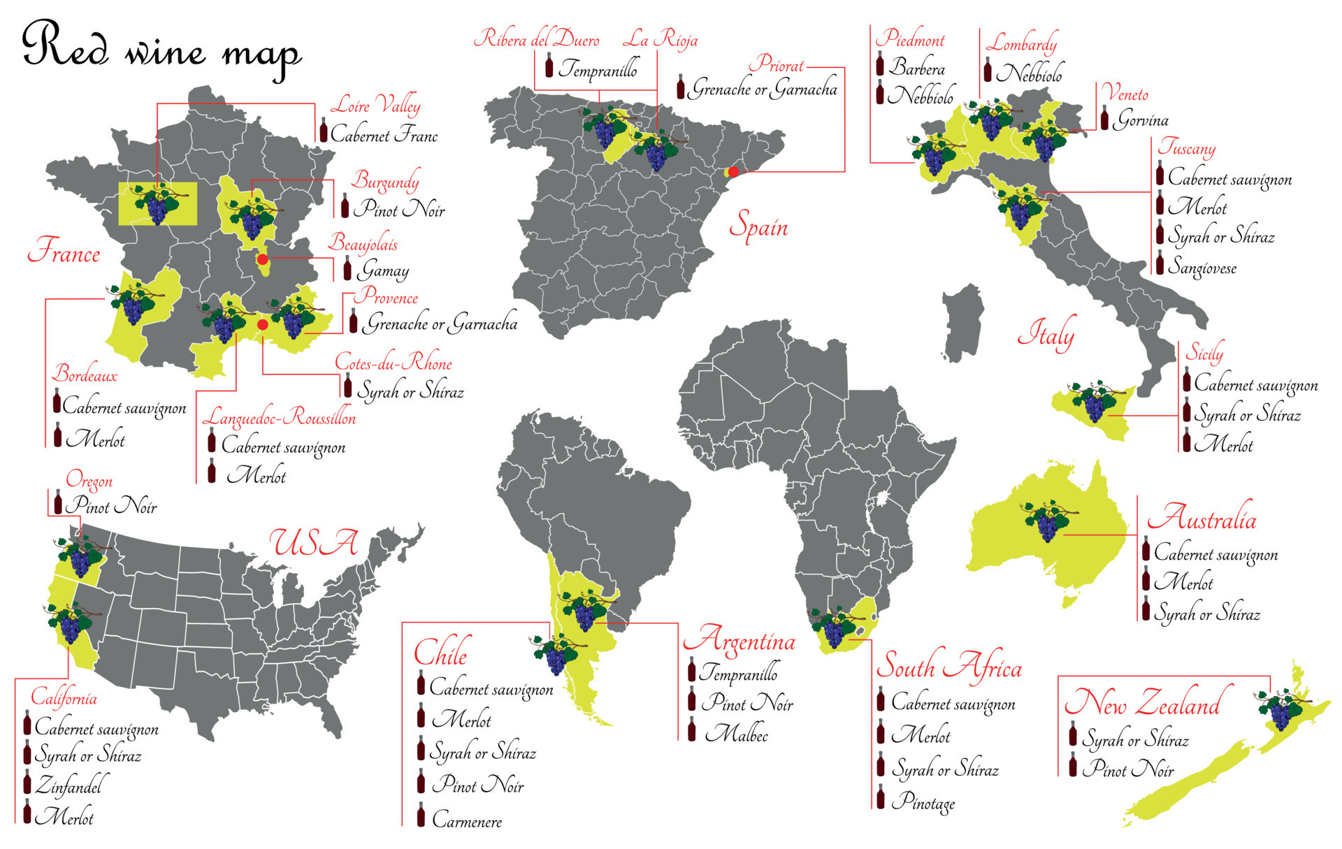 Red wine maps. Wine production maps showing grape varieties. Regions of