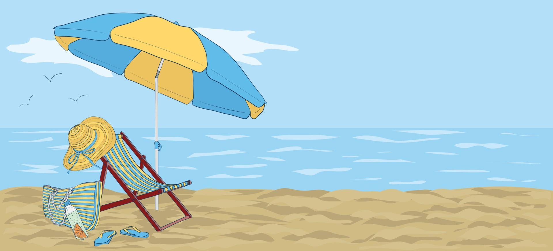 Longue on the beach under an umbrella against the background of the sea or ocean. Vacation illustration by the sea. vector