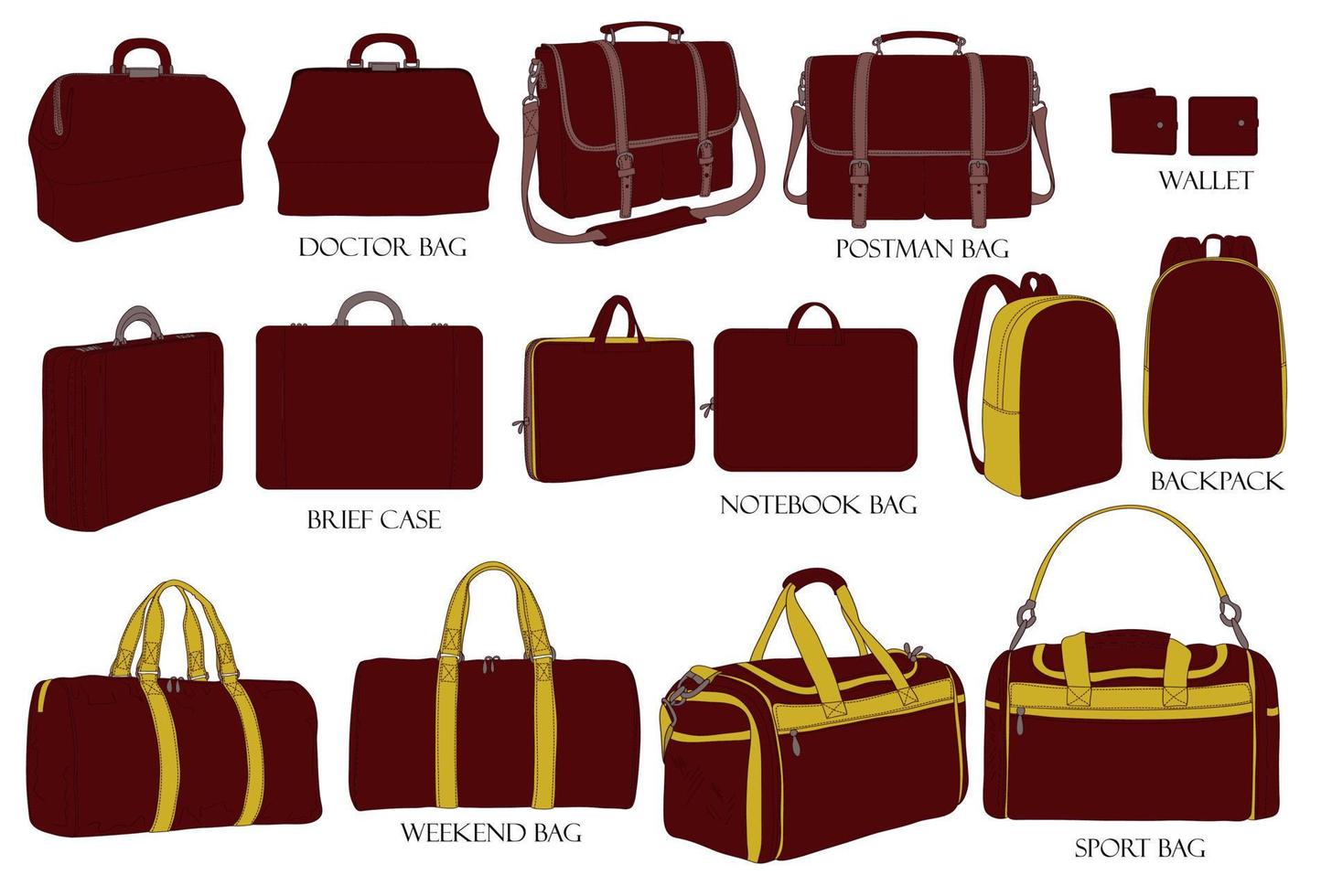 Types of bags. Color set illustration of stylish bags. Doctor bag, postman bag, backpack, weekend, wallet, brief case, sport bag, notebook bag. Collection of luxury modern accessories. vector