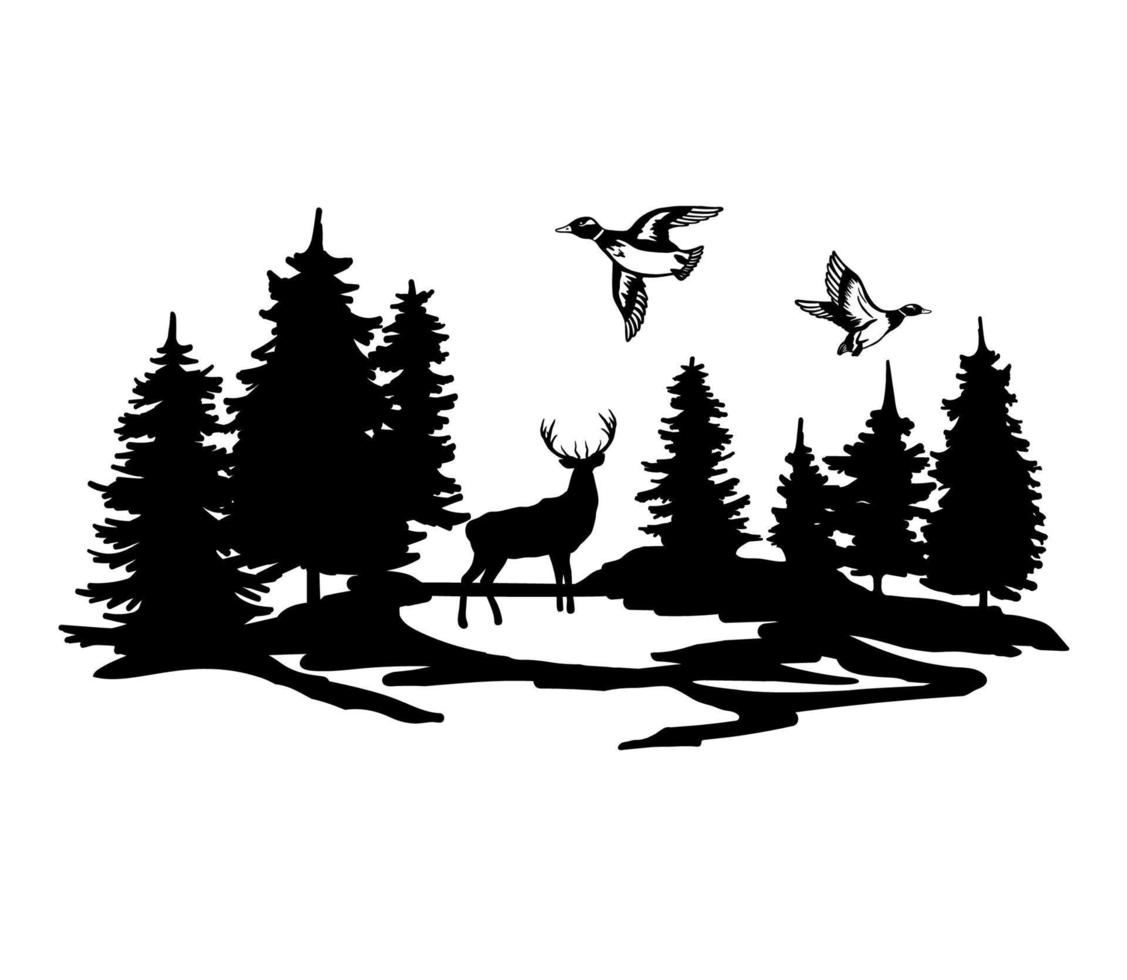 silueta negra de ciervo parado entre árboles y patos. ilustración vectorial de bosque con pino. signo de caza de ciervos aislado sobre fondo blanco vector