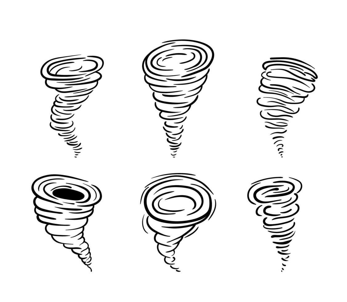 Set of outline silhouette toronado. Collection of destructive natural vortex. Stylized line hurricane. Vector illustration of a weather cataclysm isolated on white background