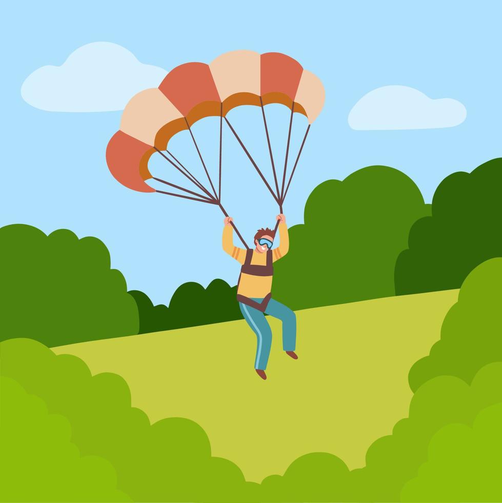 Parachutist landing on field ground. Man with parachute on backdrop of mountain landscape. Bright vector illustration in flat cartoon style.