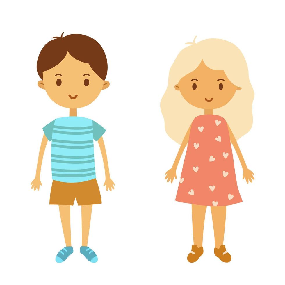 A boy in shorts and a blonde girl in a red dress stand and smile. Simple vector characters in a flat style. Cute kids.