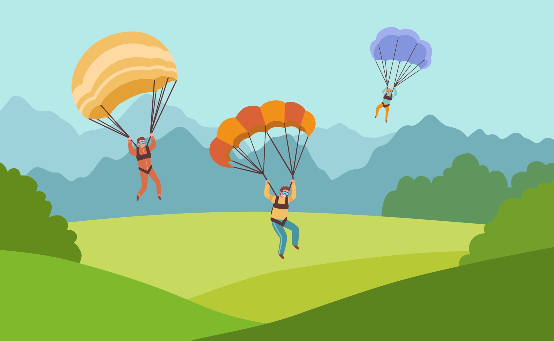 Three parachutists landing on ground. Men with parachutes on backdrop
