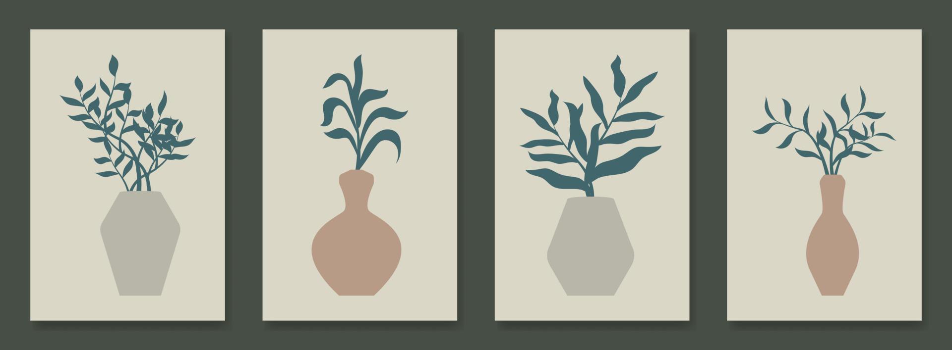 Botanical wall modern art posters. Abstract plant in pot vector illustration