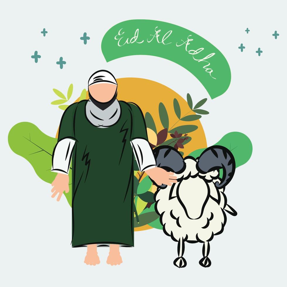 Man of moslem with sheep, eid al adha graphic vector illustration. Handwritten with flowers. Suitable for greeting cards, Landing page