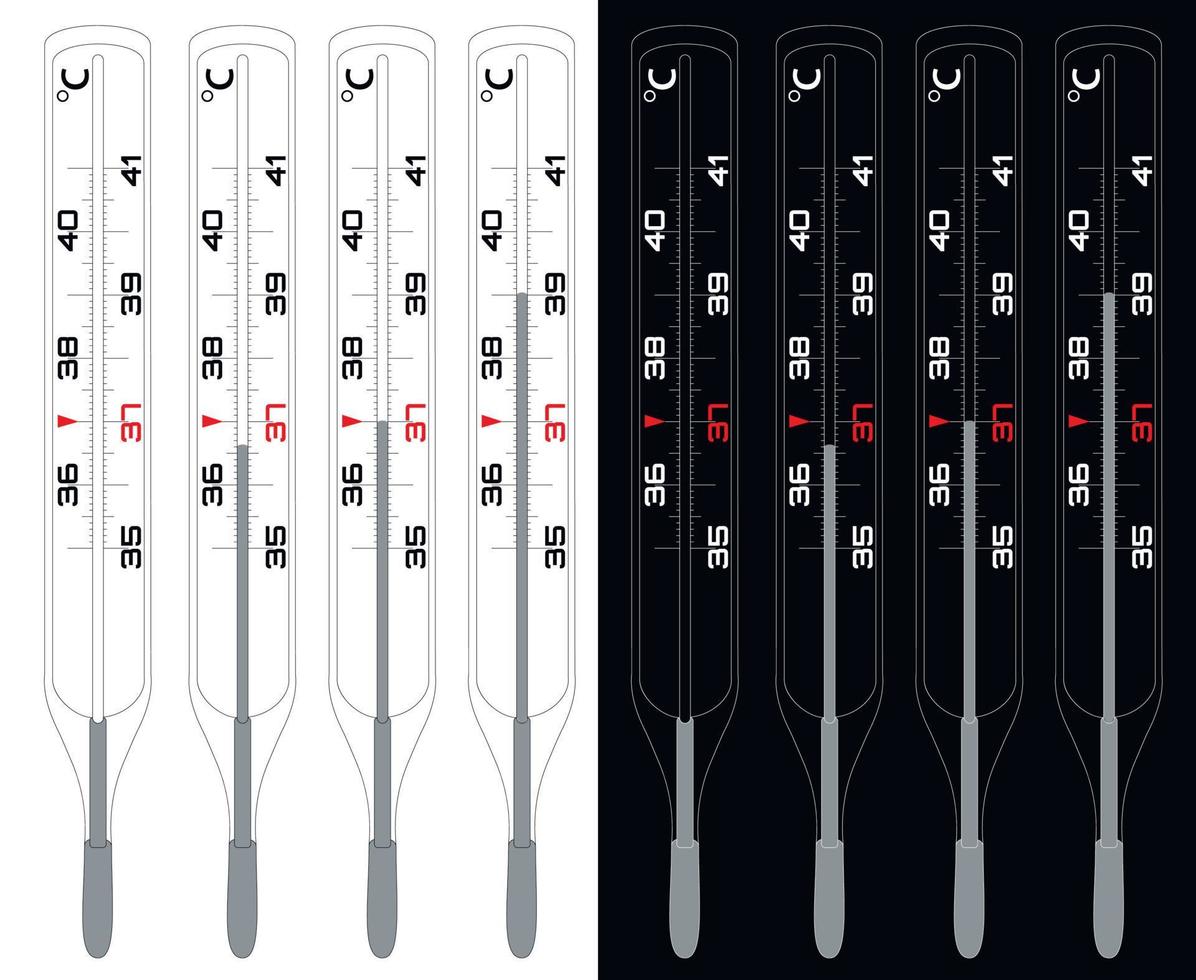 Thermometer black and white for measuring body temperature. Celsius measurement scale. Mercury thermometer. Executed as a blank to illustrate the increase or decrease in body temperature. vector