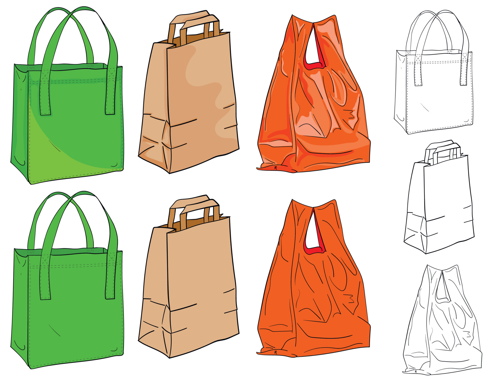 Bags for shopping. A textile bag, a paper bag and a plastic bag to