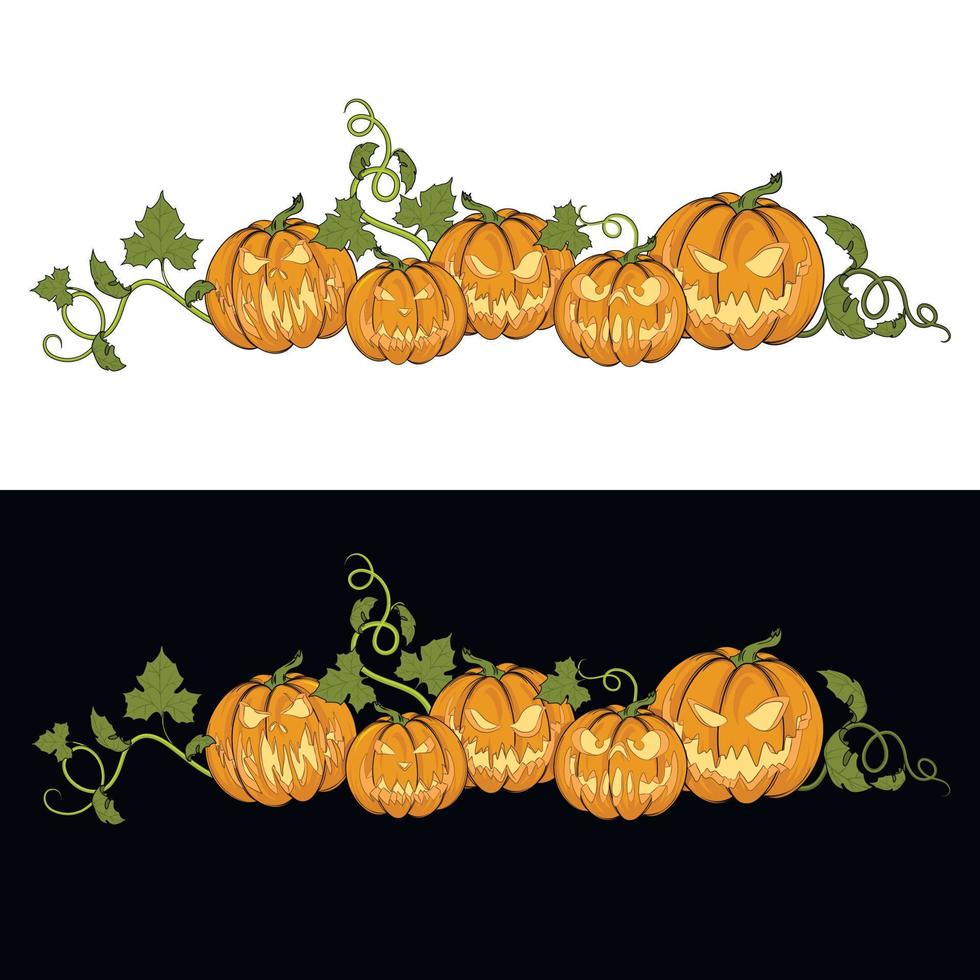 Víspera de Todos los Santos. ilustración vectorial de calabazas para tarjetas, pancartas, pegatinas, volantes. conjunto de calabazas de colores sobre un fondo blanco y negro. vector