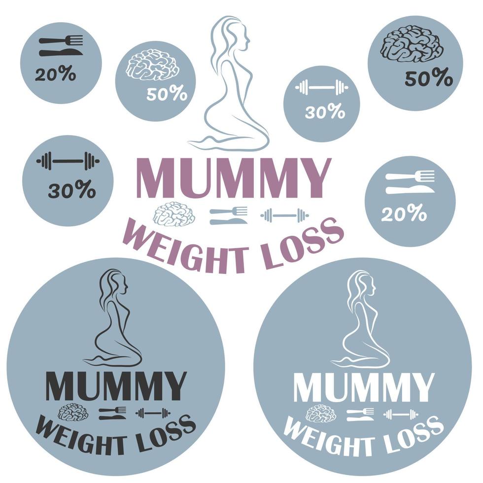 pérdida de peso de momia. un conjunto de íconos para centros de nutrición adecuada, secciones de pérdida de peso y grupos que ofrecen recuperación posparto. vector