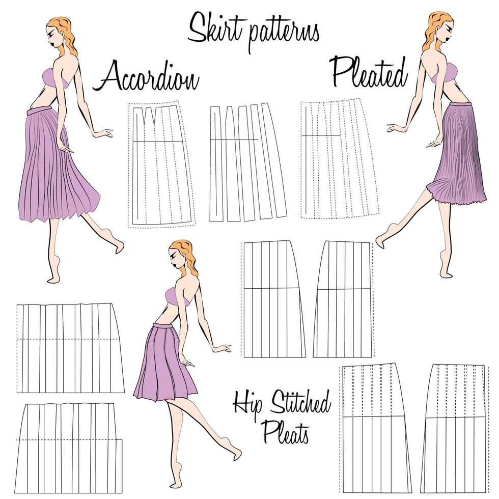 Skirt Accordion, Pleated and Hip stitched pleats patterns. A visual representation of styles of the skirts on the figure. Illustration of the design and pattern of women's skirts. Hand-drawn models. vector