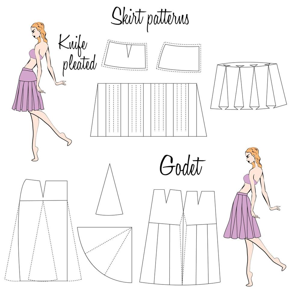 Skirt Knife pleated and Godet patterns. A visual representation of styles of the skirts on the figure. Illustration of the design and pattern of women's skirts. Hand-drawn models. vector