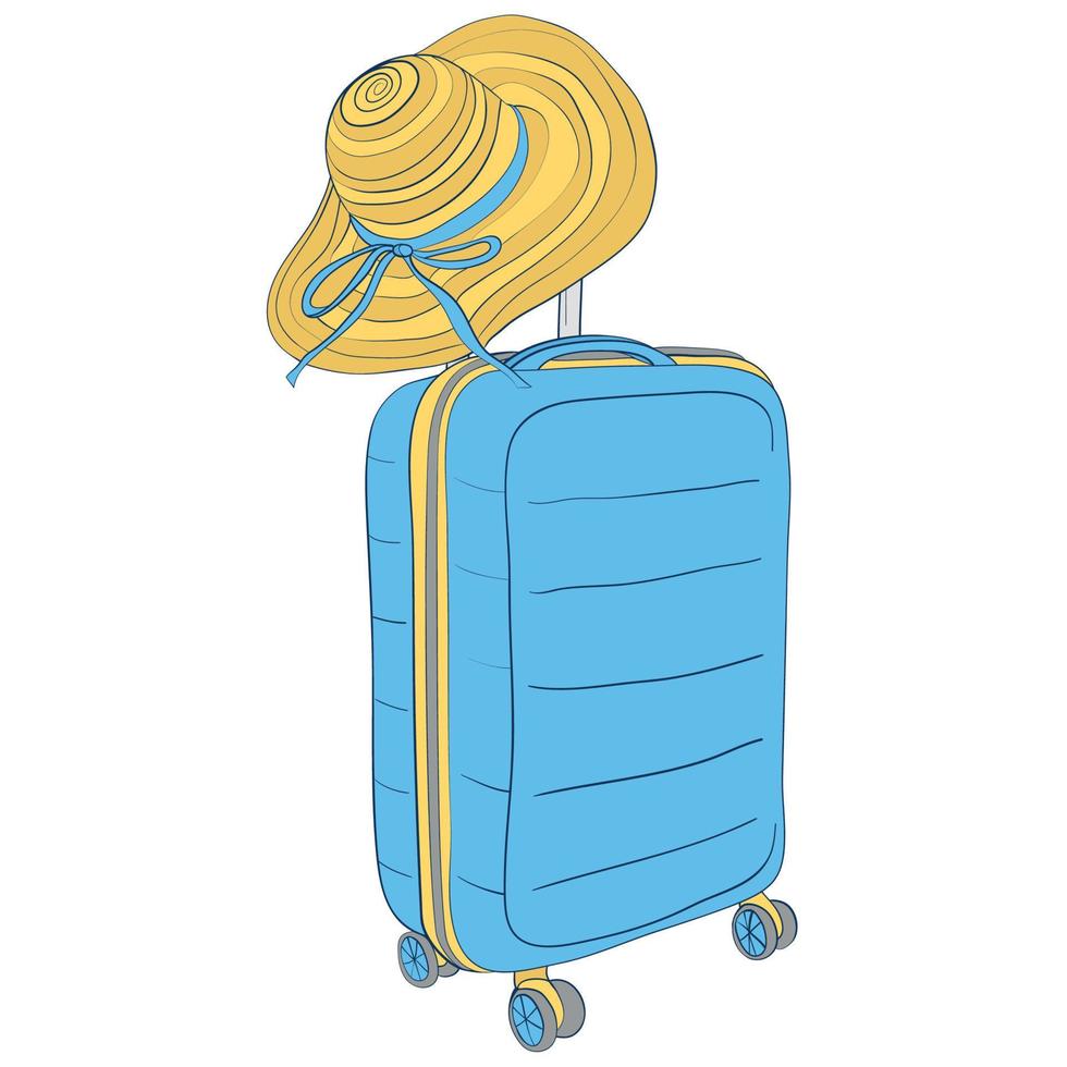 Suitcase with a beach hat. Illustration of a trip to a beach holiday. vector