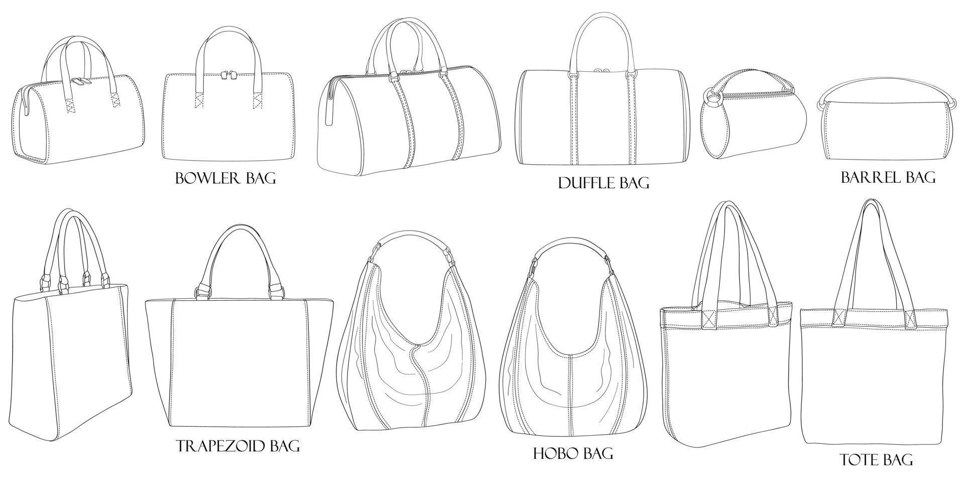 Types of bags. Bowling bag, hobo bag, trapezoid bag, duffle bag, barrel bag, tote bag. A set of stylish bulky women's bags isolated on a white background. Collection of luxury modern accessories. vector