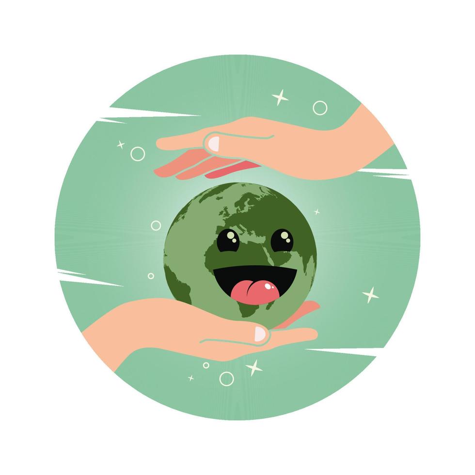 mano sosteniendo sonrisa globo tierra, salvar la tierra juntos ilustración vectorial vector