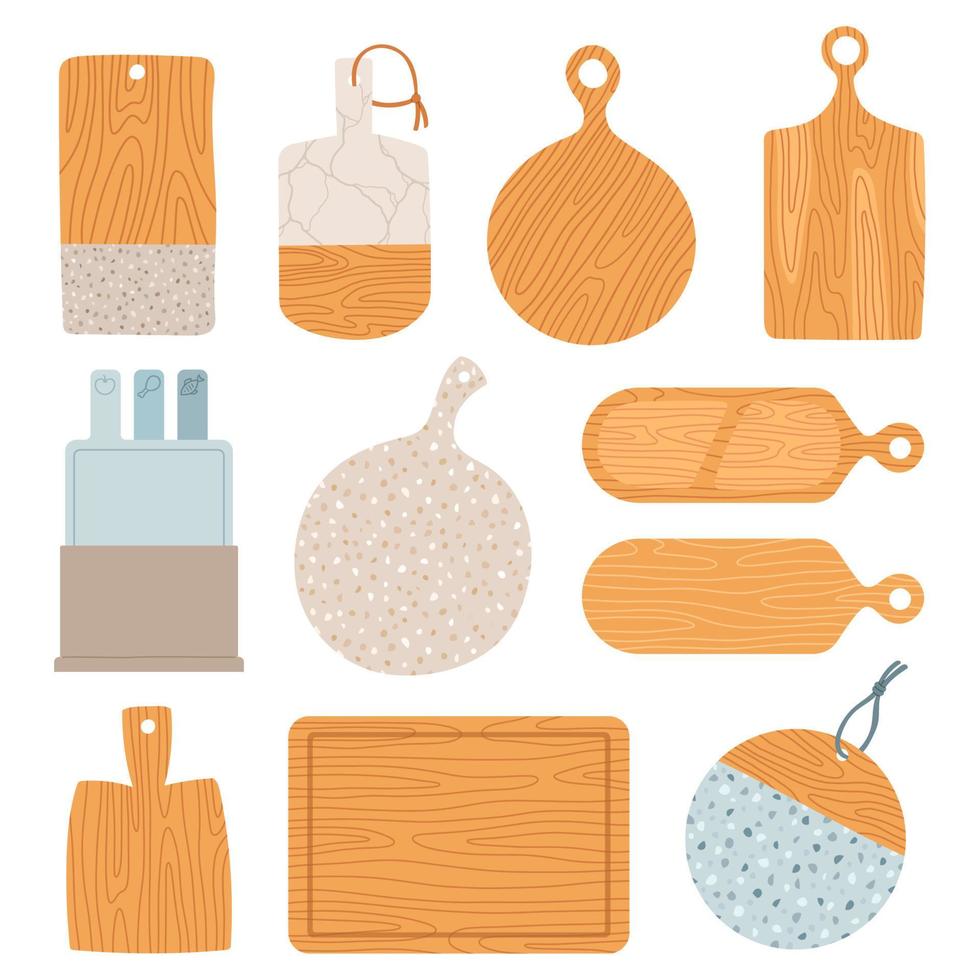 Wooden cutting boards set flat design vector illustration