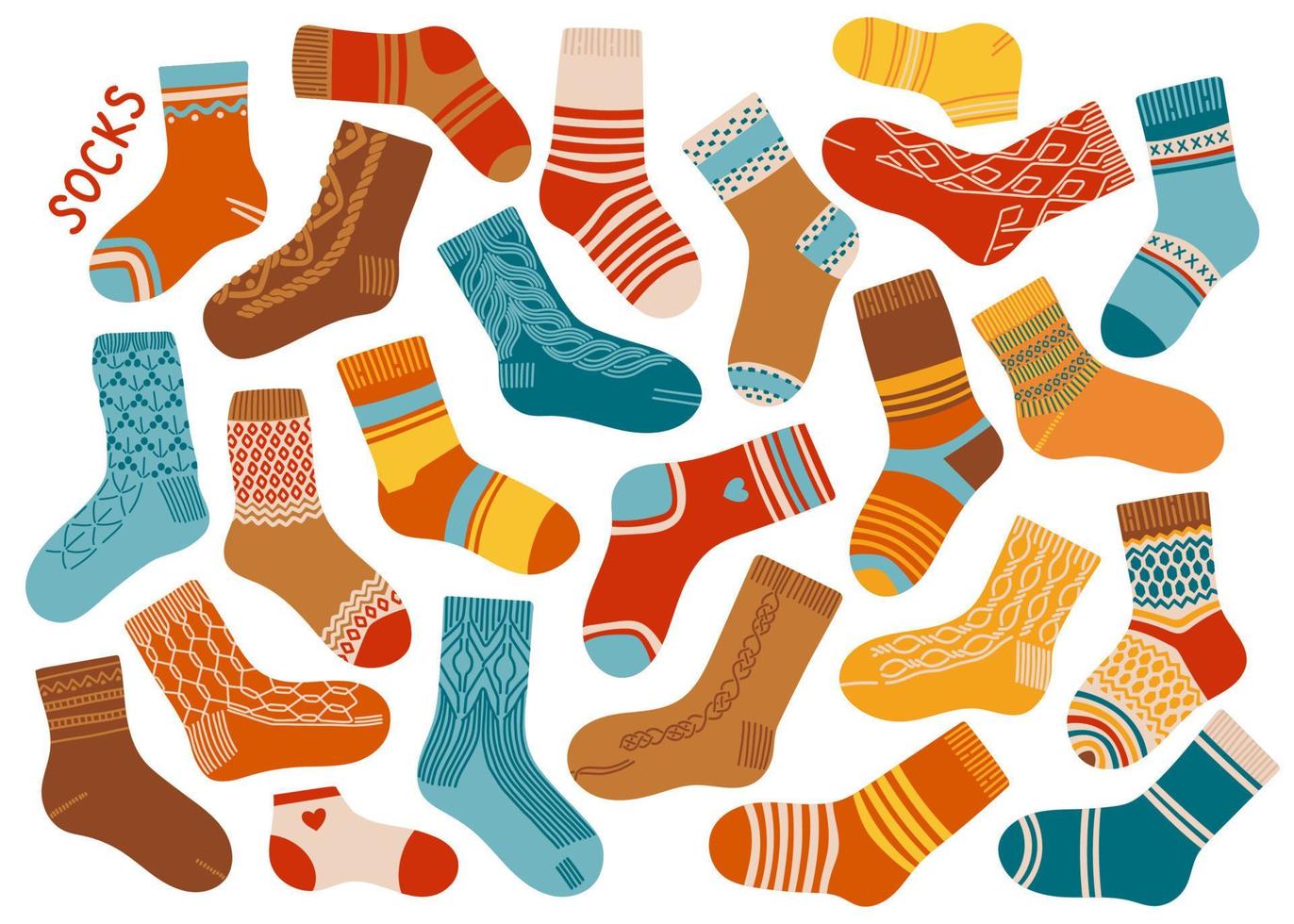 Socks set different colors and sizes knitted flat design autumn vector illustration
