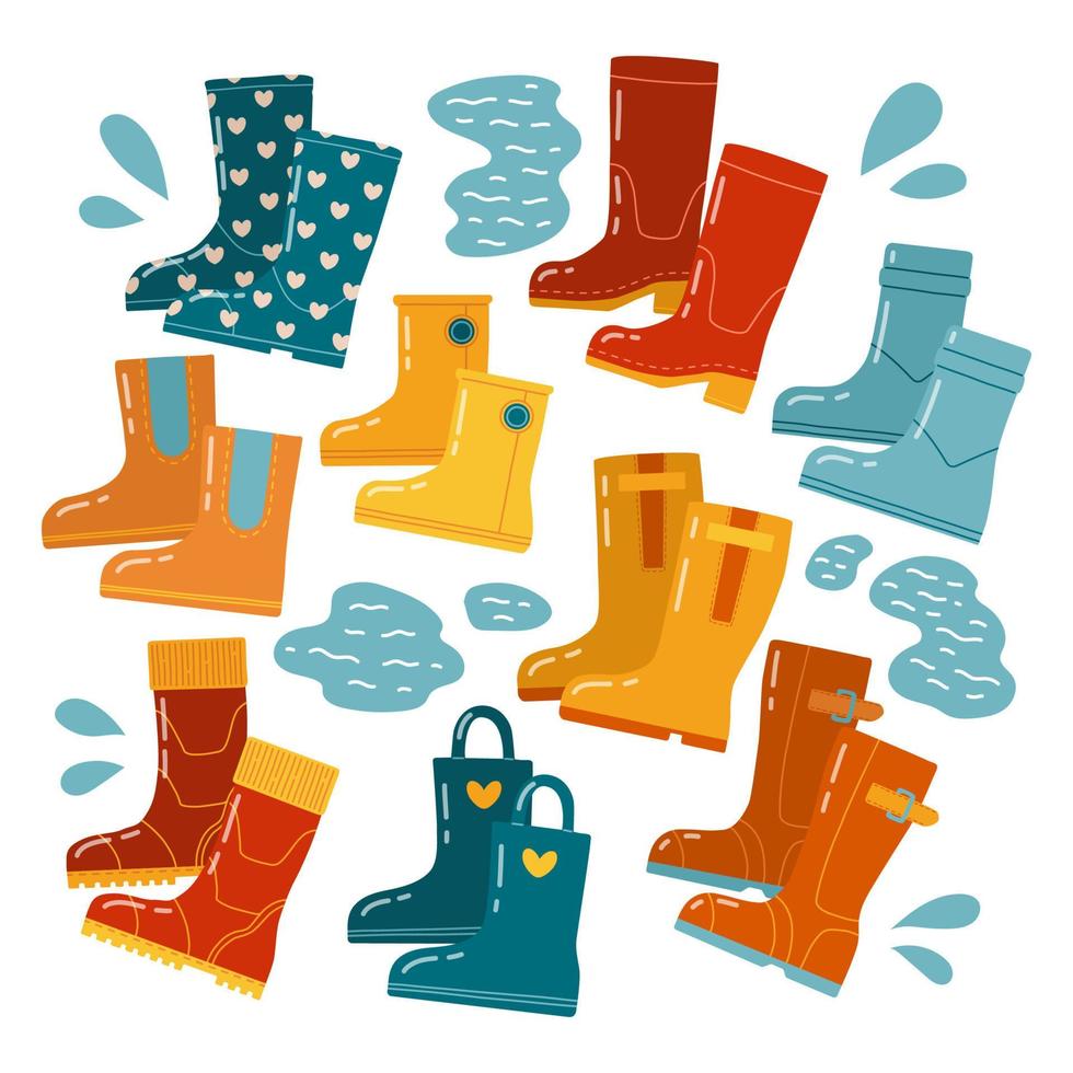 Autumn rubber boots vector illustration flat design set
