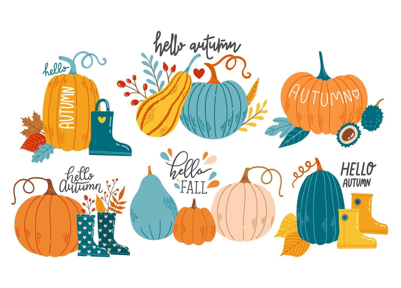 hola otoño temporada de otoño conjunto de calabaza ilustración vectorial vector