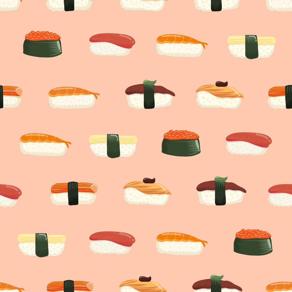 Sushi seamless pattern on colour background. Vector illustration.