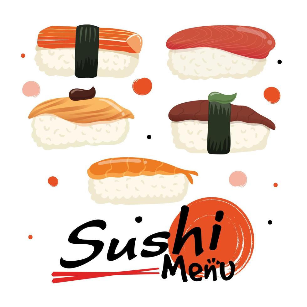 menú de sushi aislado sobre fondo blanco, comida japonesa, ilustración vectorial. vector