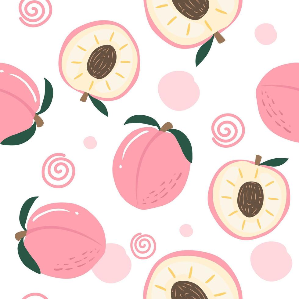 seamless pattern peach fruits and leaf on white background. Vector illustration.