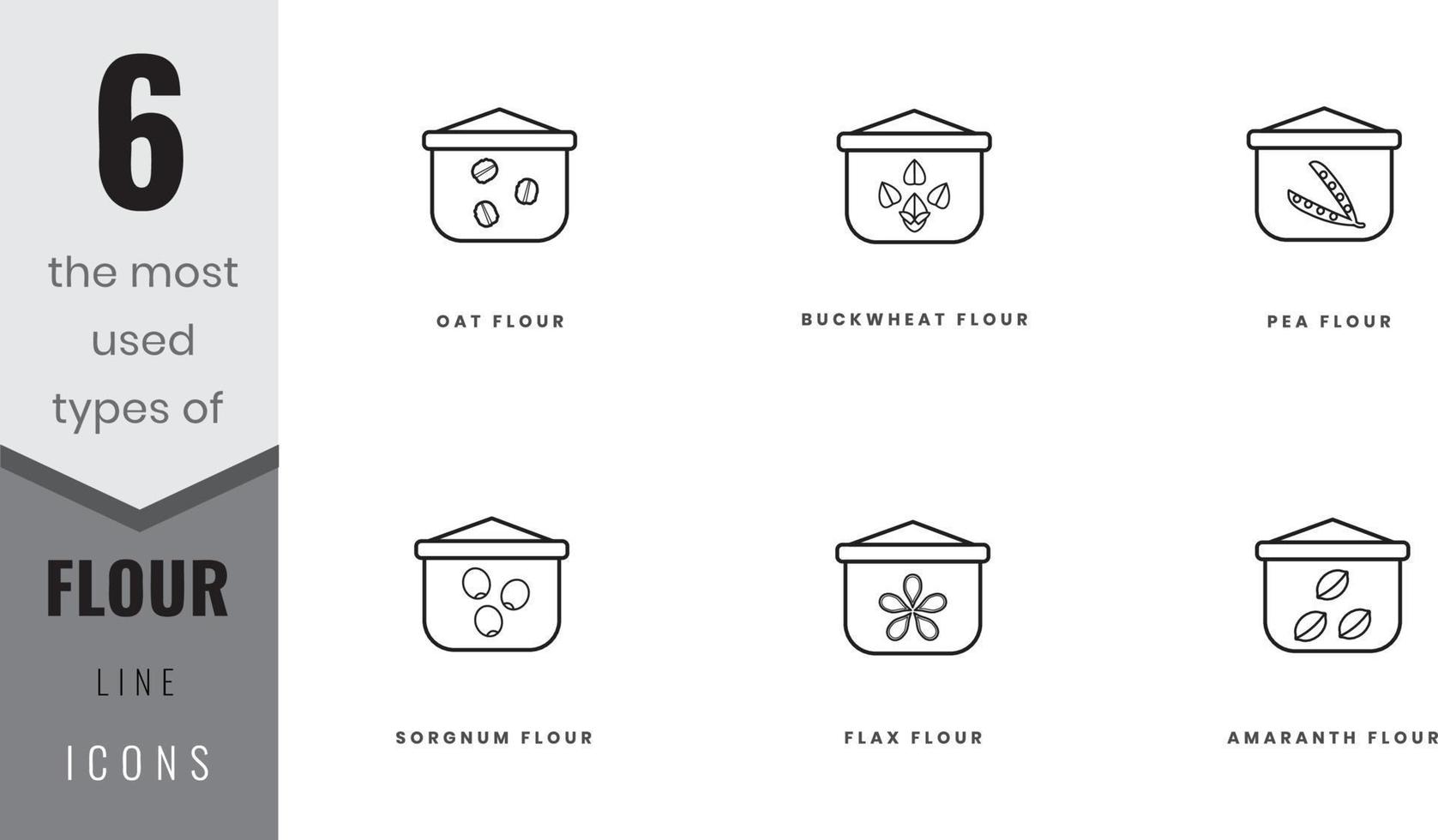 The most used types of flour line icons. Flax, amaranth, oat, buckwheat, pea and sorgnum. In lineart, outline, solid, colored styles. For website design, mobile app, software vector