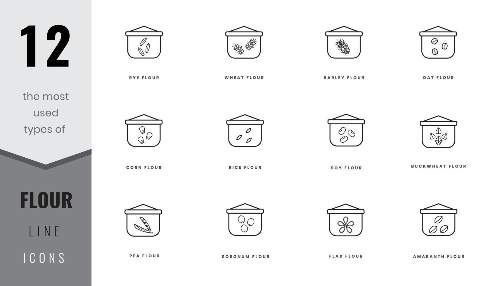 The most used types of flour line icons. Rye, wheat, barley, soy, rice and corn, flax, amaranth, oat, buckwheat, pea and sorgnum. In outline style. For website design, mobile app, software vector