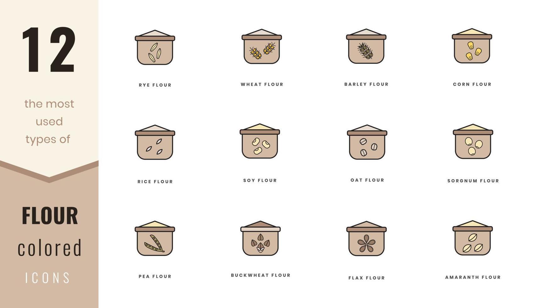 The most used types of flour colored icons. Rye, wheat, barley, soy, rice and corn, flax, amaranth, oat, buckwheat, pea and sorgnum. In colored style. For website design, mobile, software vector