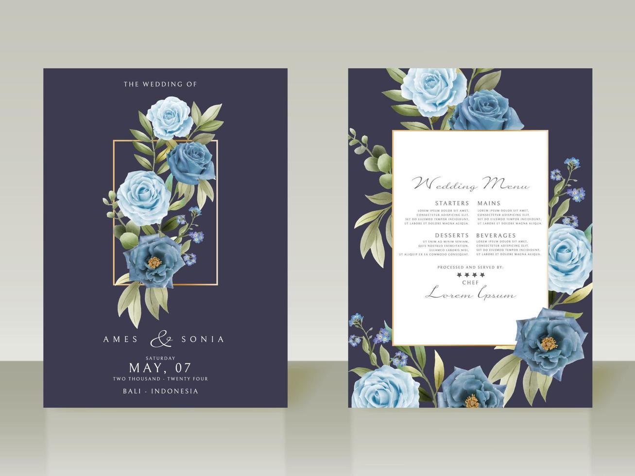 Elegant blue flowers wedding invitations vector