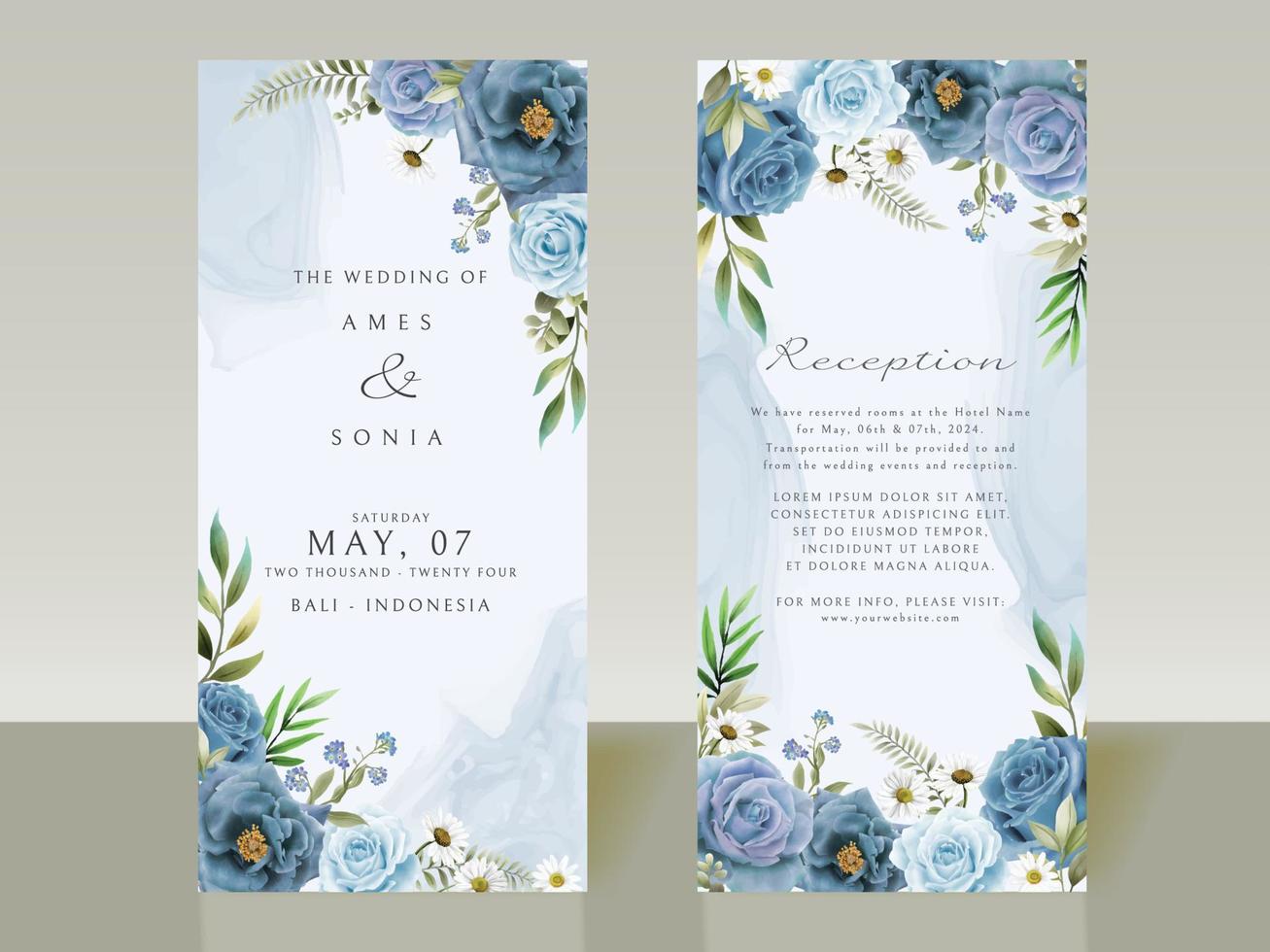 Elegant blue flowers wedding invitations vector