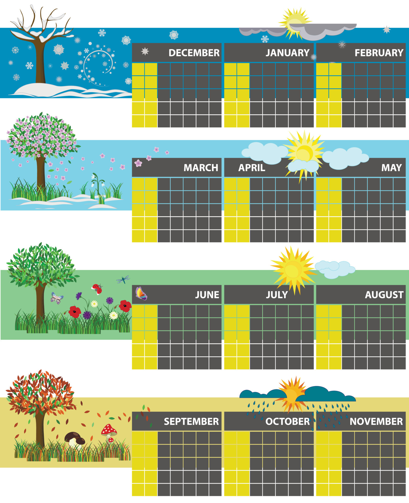 Universal calendar for the year. Four Seasons. Winter spring autumn