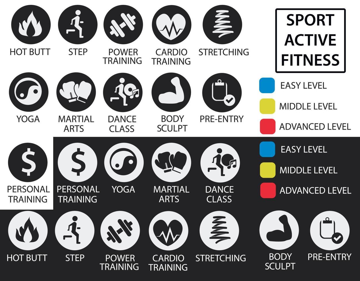 Fitness icons with training and difficulty levels for scheduling in fitness and sports clubs. Also for use when developing websites and handouts. Set of the sports icons. vector