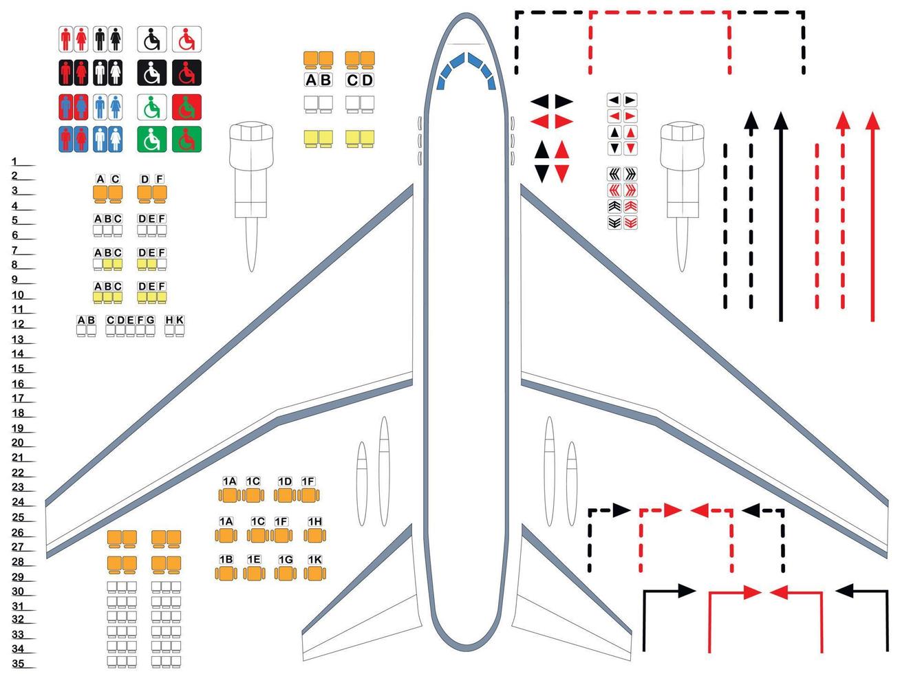 Plane. Illustration of airplane parts for the assembly of the cabin. A universal set of airplane fragments that can be used as a background for drawing up an evacuation plan for an airplane. vector