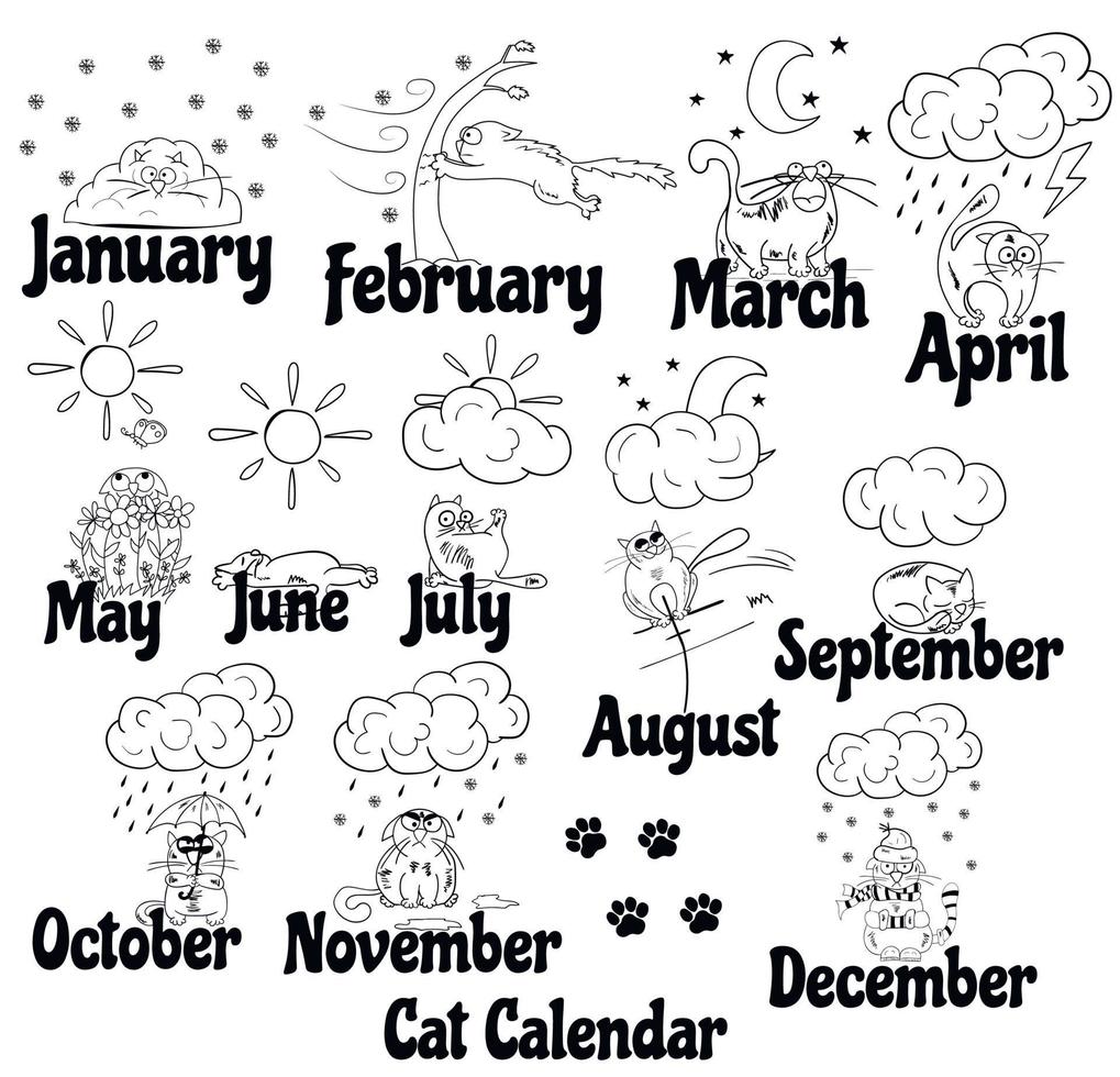 Cat calendar. Funny cat drawn by hand at different times of the year. Illustration of weather and seasons. The reaction of the cat to the weather. vector