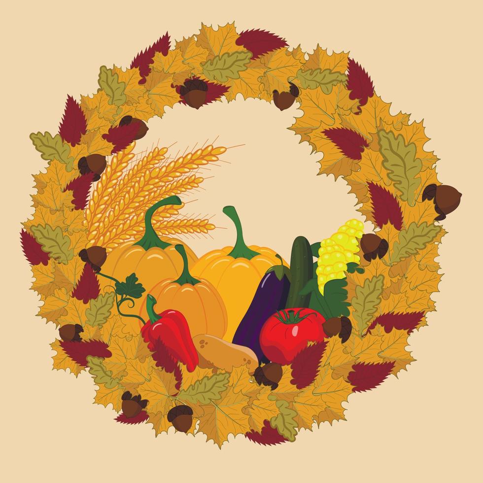 Wreath with fresh vegetables. Autumn illustration with corn, cucumber, eggplant, pepper, potato, pumpkin, spica, tomato. vector