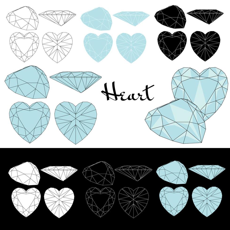 Heart cut. Cutting gems stones. Types of diamond cut. Four sides of jewelry with facets for background, carving and coloring. Black, white and color variants. vector