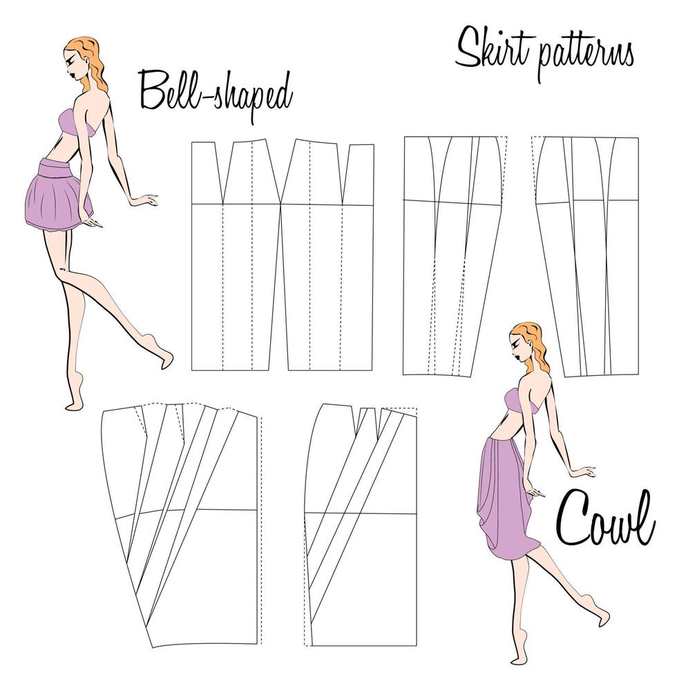 Skirt Bell and Cowl based patterns. A visual representation of styles of the skirts on the figure. Illustration of the design and pattern of women's skirts. Hand-drawn models. vector
