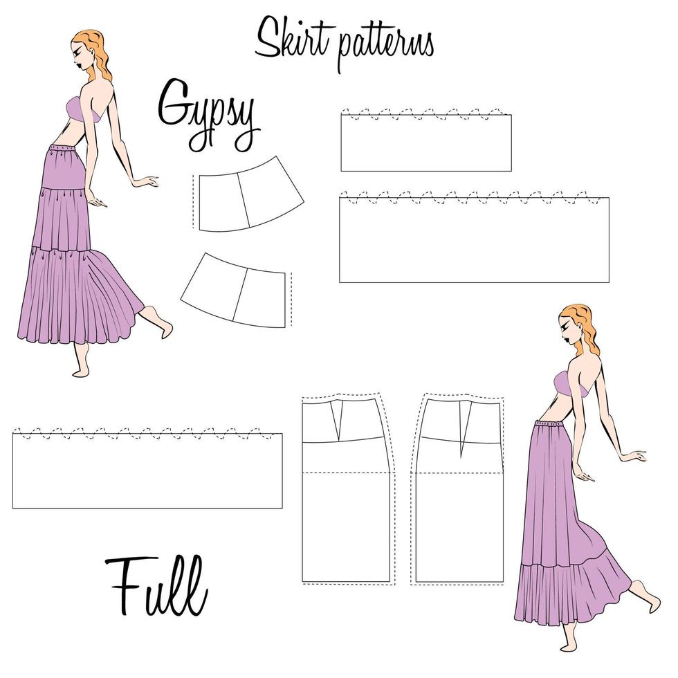 Skirt Gypsy and Full patterns. A visual representation of styles of the skirts on the figure. Illustration of the design and pattern of women's skirts. Hand-drawn models. vector