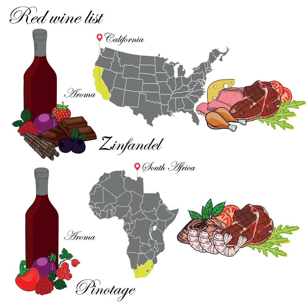 zinfandel y pinotage. la lista de vinos una ilustración de un vino tinto con un ejemplo de aromas, un mapa de viñedos y comida que marida con el vino. fondo para menú y cata de vinos. vector