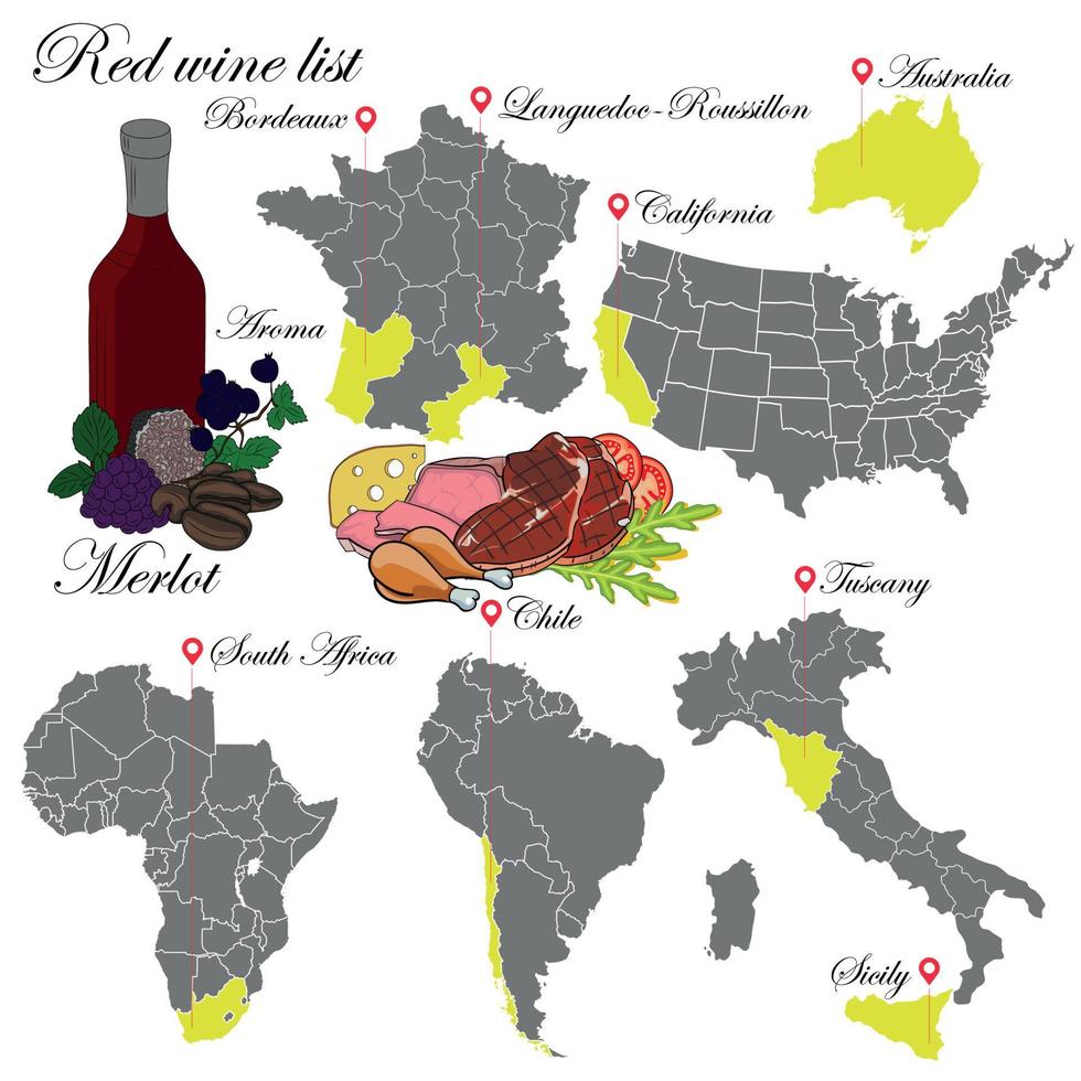 Merlot. The wine list. An illustration of a red wine with an example of aromas, a vineyard map and food that matches the wine. Background for menu and wine tasting. vector