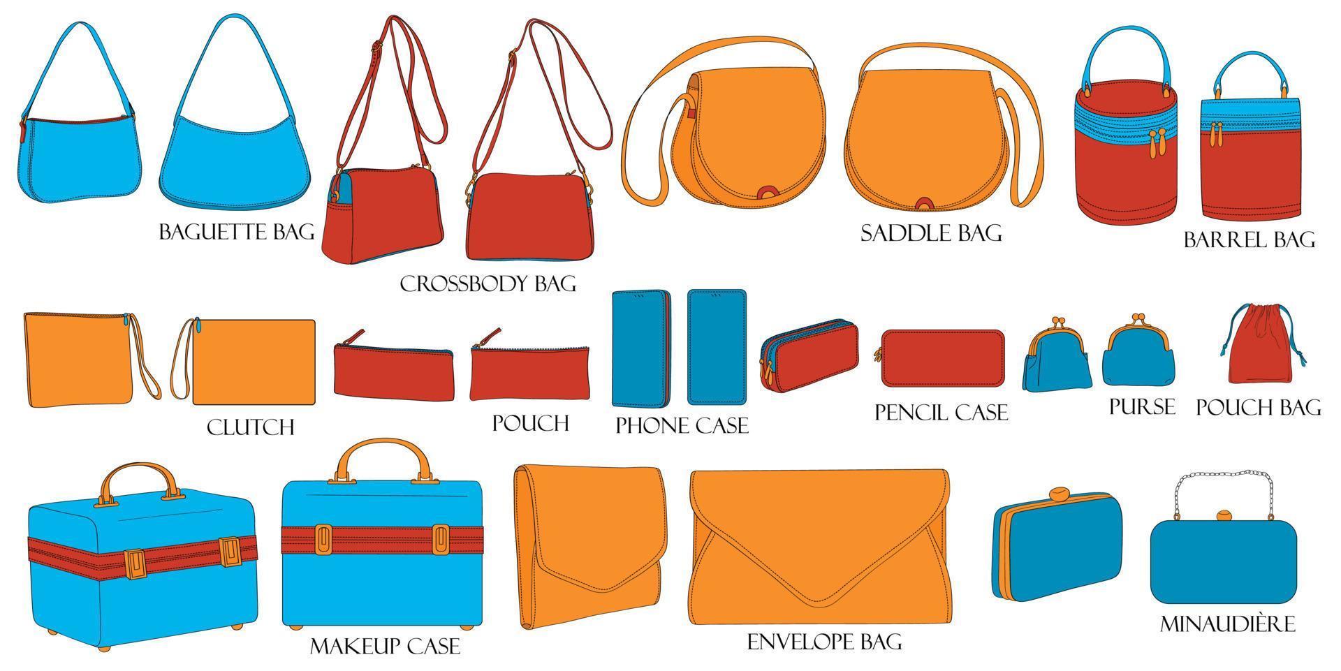 Types of bags. Baguette, crossbody, envelope, barrel, minaudiere, saddle,  clutch, purse, makeup case, pencil case, phone case, duffle bag, pouch. A  set of stylish bags isolated on a white background. 8378317 Vector