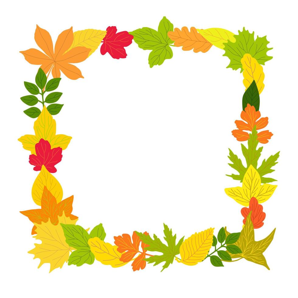 Autumn leaves rectangular frame simple vector minimalist concept flat style illustration, multicolored natural floral arrangement for invitations, greeting cards, booklet, autumn holiday decor