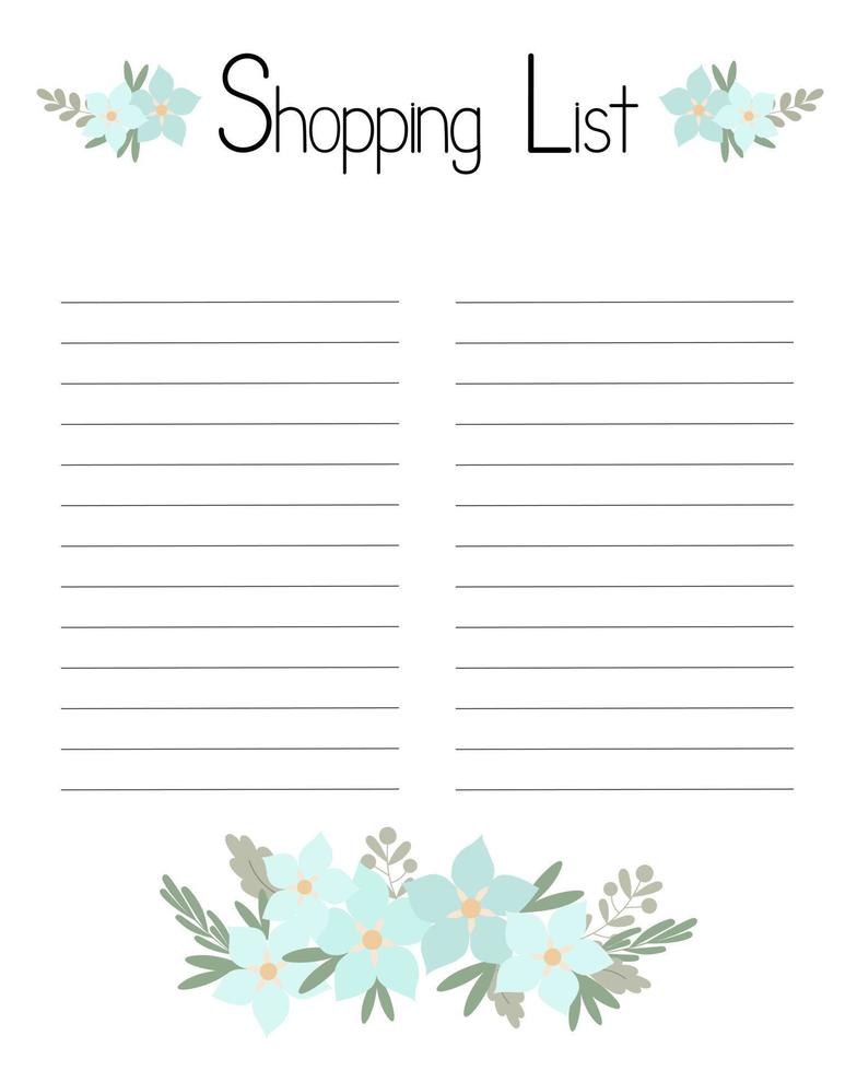 lista de compras imprimible vacía con ilustración de vector de decoración floral, recordatorio de cosas para comprar, plantilla de relleno para organizar cualquier evento de vida