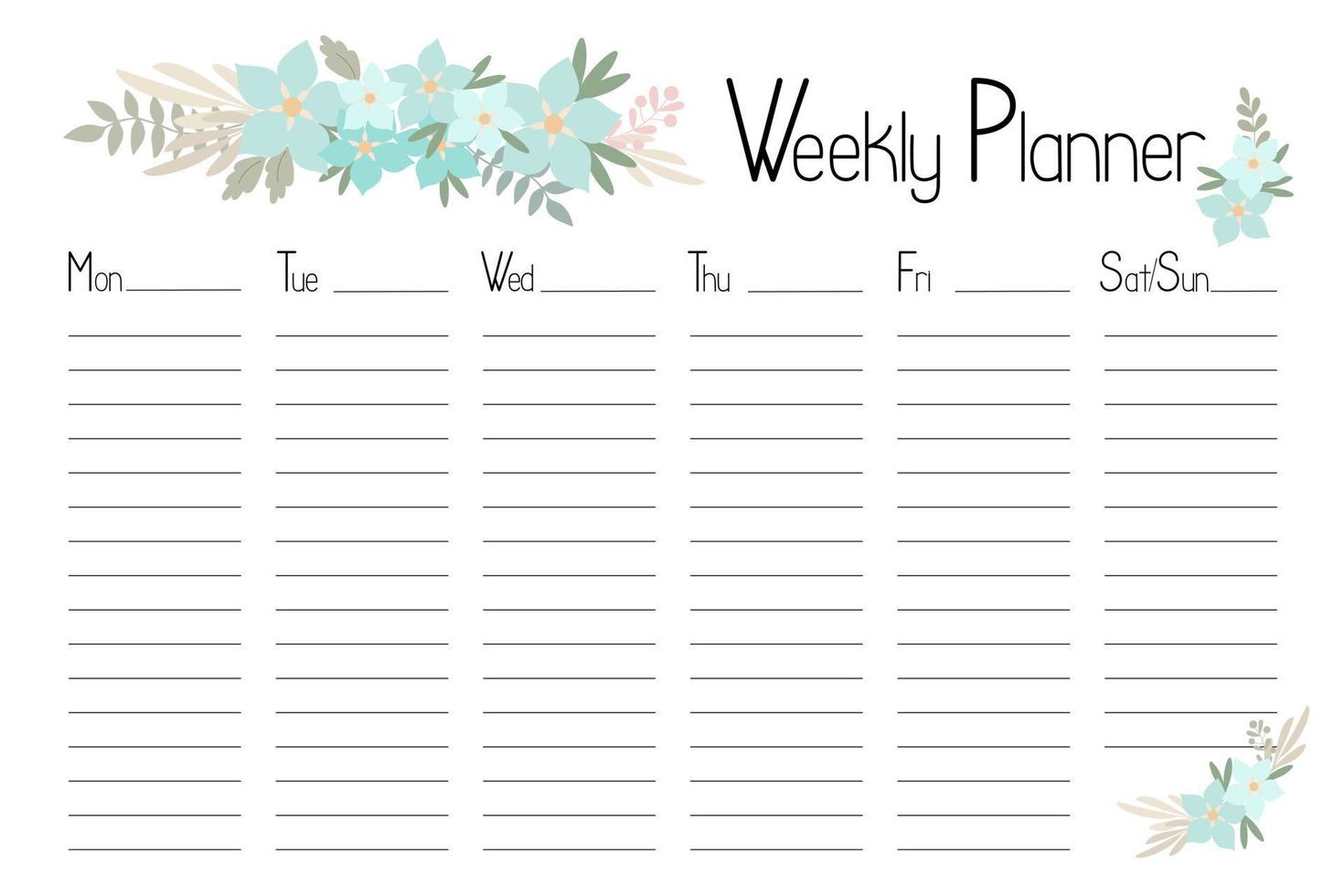 Weekly planner template simple floral illustration, organizer for daily plans, timetable, schedule with days of the week and copyspace, tender trendy blue flowers flower design vector