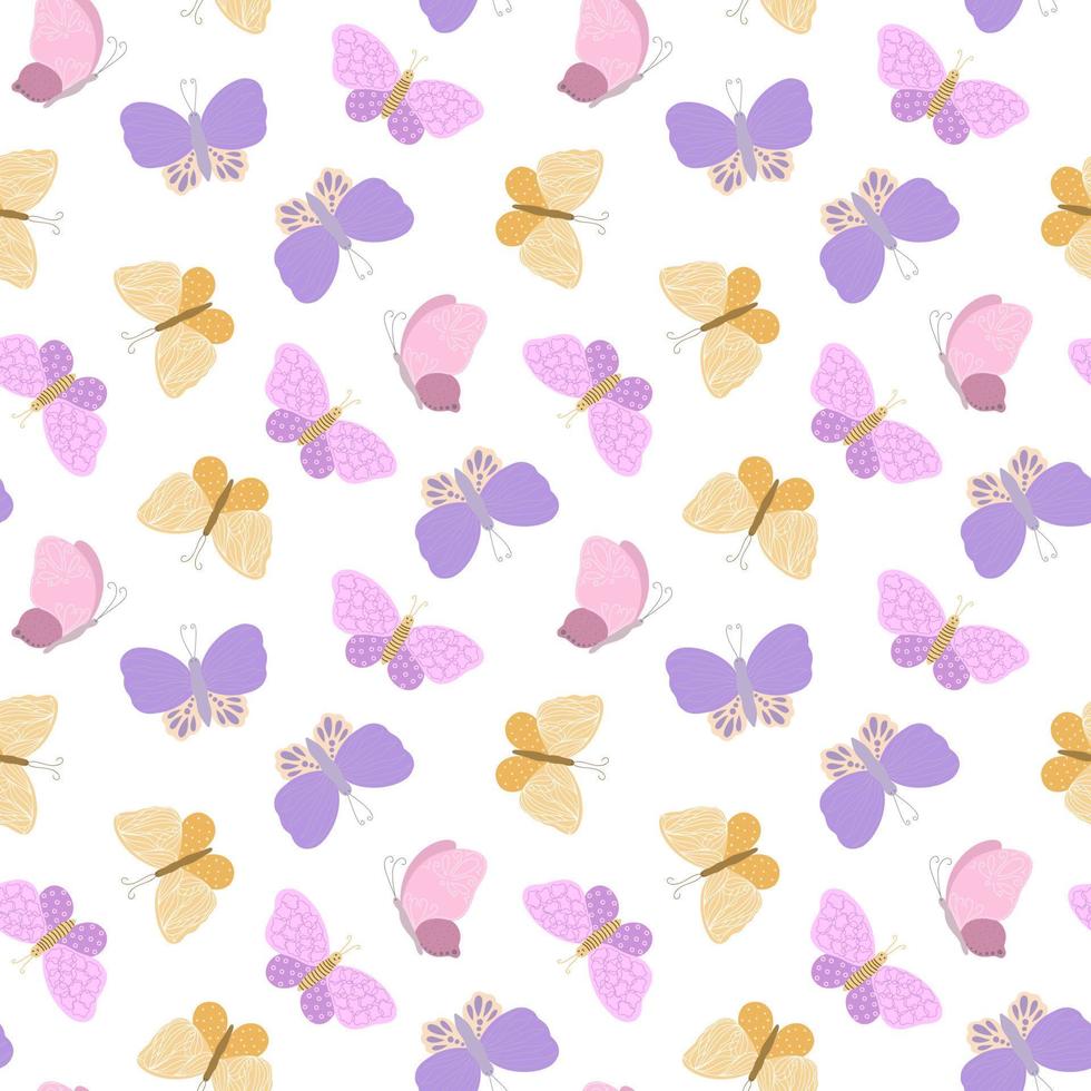 fantasía rosa, violeta, mariposas amarillas patrón sin fisuras, simple ilustración de vector plano, símbolo de las vacaciones de pascua, primavera, decoración de celebración de verano, textil ornamental, decoración de primavera, insecto lindo