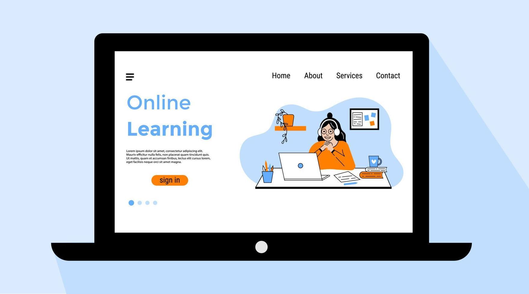 Online learning page on your laptop screen. Distance learning. Girl studying with computer. Vector illustration