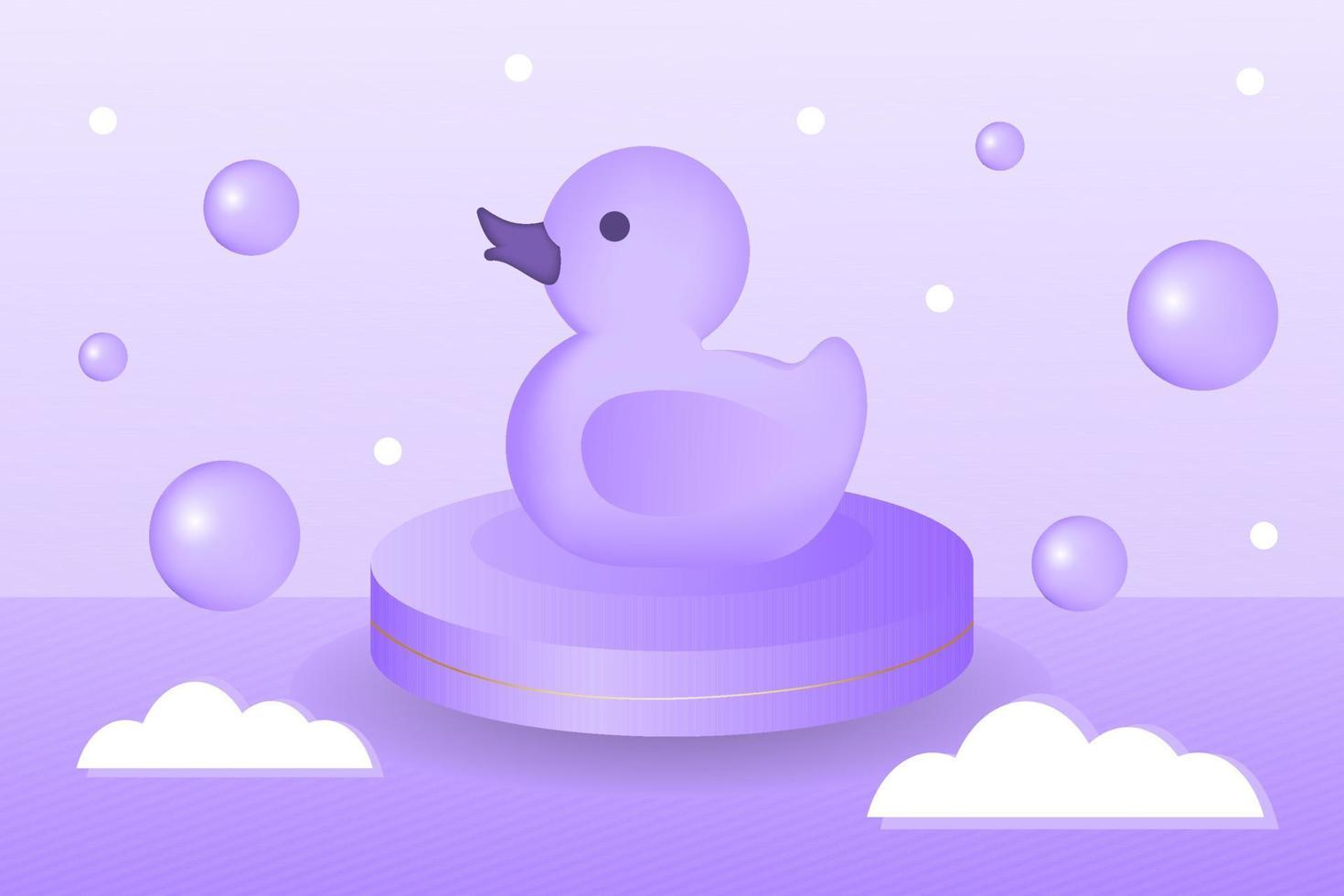 juguete de pato en el podio del cilindro 3d. Ilustración de vector 3d de ducha de bebé. hermoso fondo de color lavanda pastel.