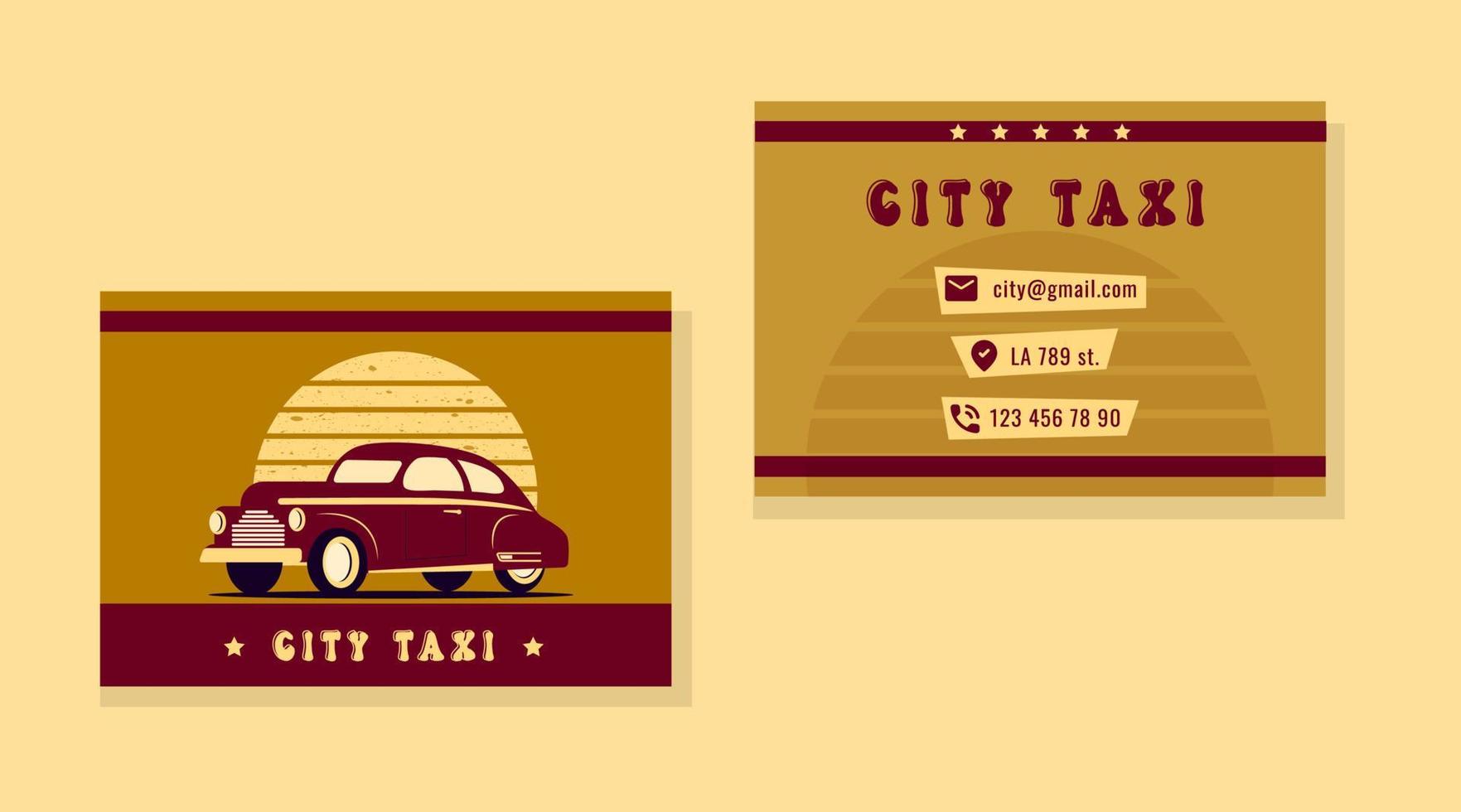 Two piece taxi business card with cab. Business card design. Stylish vector template for taxi company.